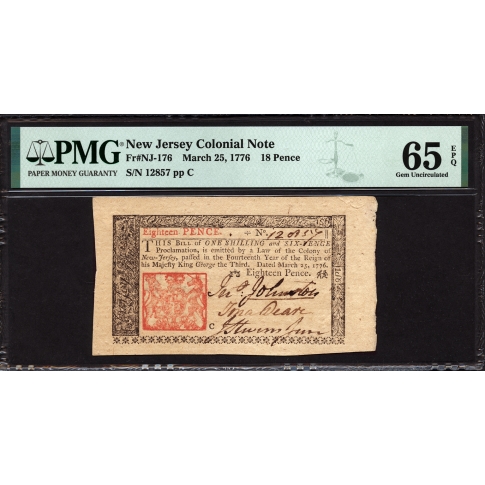 FR. NJ-176 18 Pence March 25, 1776 New Jersey Colonial Note PMG 65 EPQ