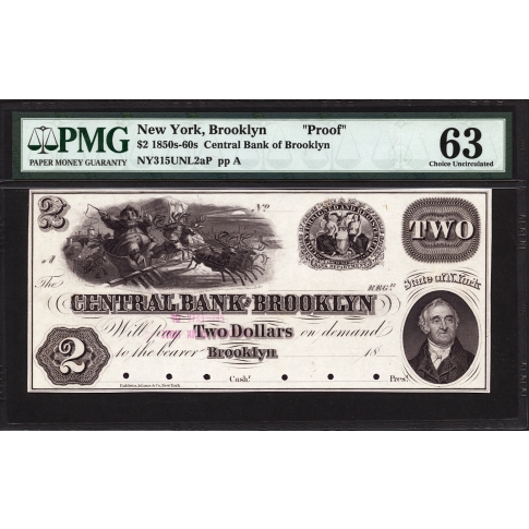 $2 1850's The Central Bank of Brooklyn, New York - Santa Claus Note - PMG 63