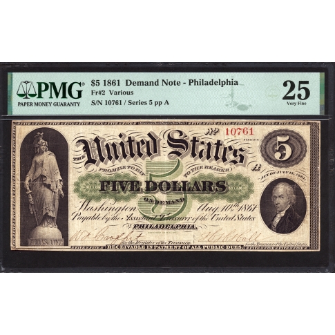 FR .    2  $5 1861 Demand Note  PMG 25