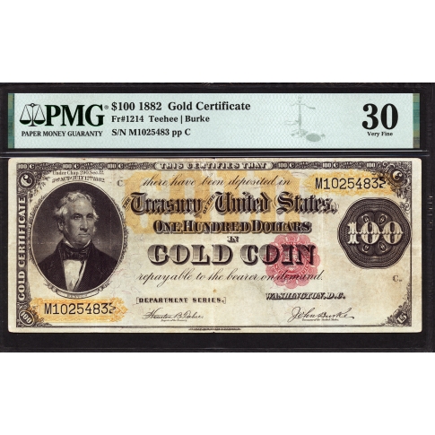 FR. 1214 $100 1882 Gold Certificate PMG 30