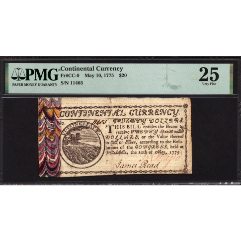 FR. CC-009 $20 May 10, 1775 Continental Currency PMG 25