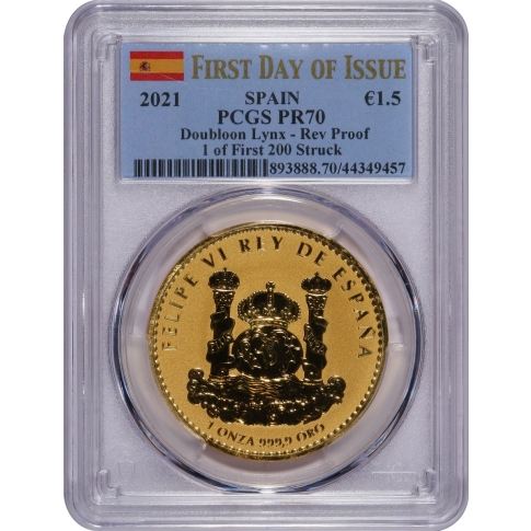 2021 Spanish Doubloon Lynx 1-Ounce Gold 999.9 Fine PCGS PR70 One of First 200 Struck