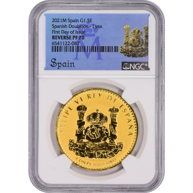 2021 Spanish Doubloon Lynx 1-Ounce Gold 999.9 Fine NGC PR70 First Day of Issue