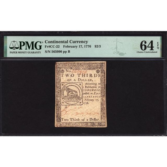 FR. CC-22 $2/3 Feb. 17, 1776 Continental Currency PMG 64 EPQ