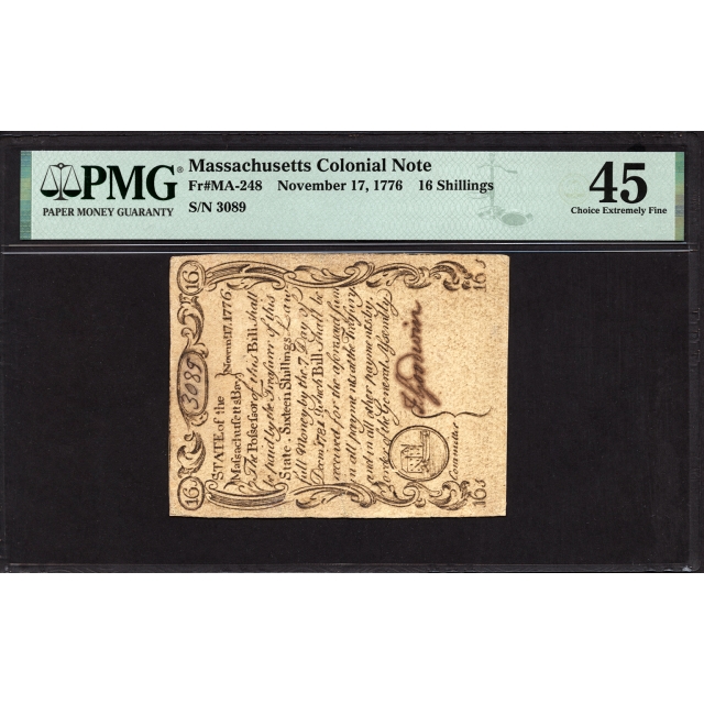 FR. MA-248 16 Shillings November 17, 1776 Massachusetts Colonial Note PMG 45