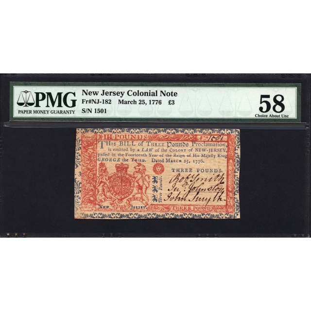 FR. NJ-182 3 Pound March 25, 1776 New Jersey Colonial Note PMG 58