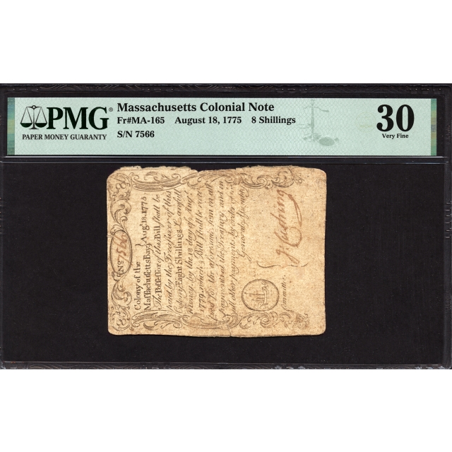 FR. MA-165 8 Shillings Aug. 18, 1775 Massachusetts Colonial Note PMG 30