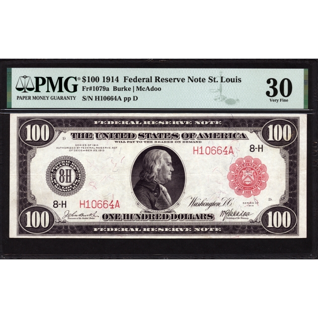 FR. 1079a $100 1914 Red Seal FRN St. Louis PMG 30