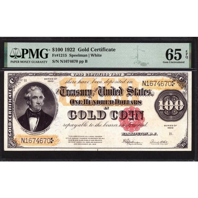 FR. 1215 $100 1922 Gold Certificate PMG 65 EPQ