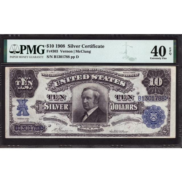 FR 303 $10 1908 Silver Certificate PMG 40 EPQ