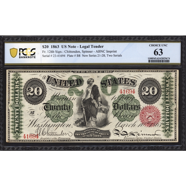 FR 126b $20 1863 Legal Tender PCGS Banknote 63