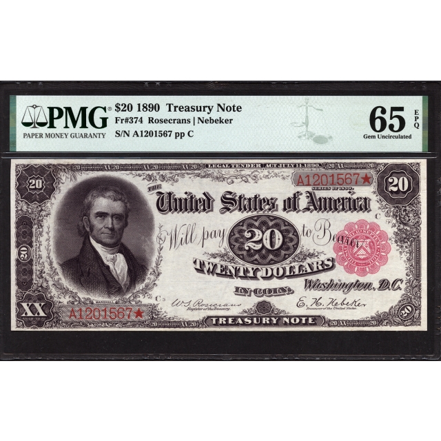 FR 374 $20 1890 Treasury Note PMG 65 EPQ