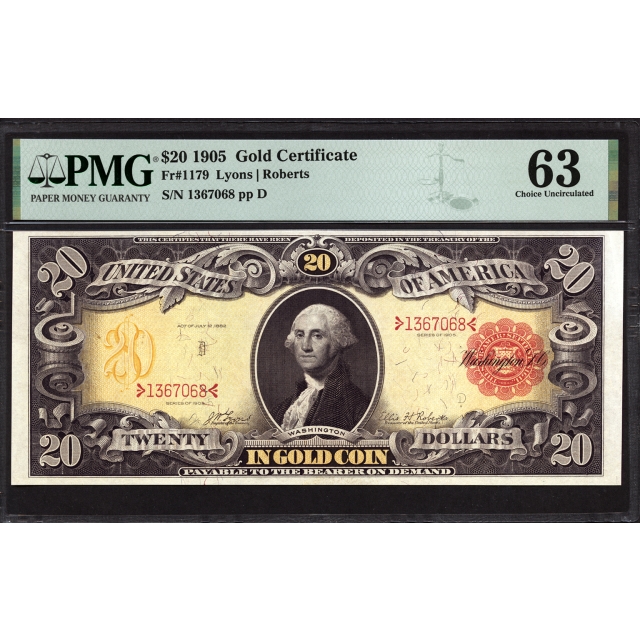 FR. 1179 $20 1905 Gold Certificate PMG 63