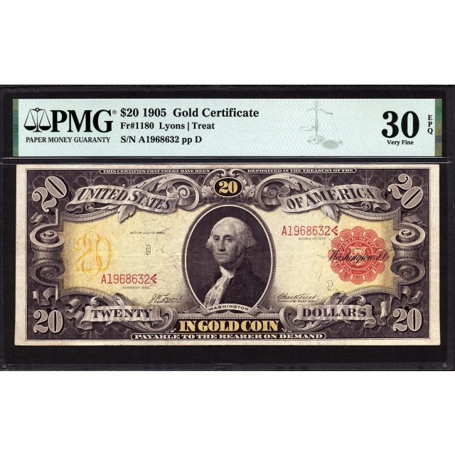 FR. 1180 $20 1905 Gold Certificate PMG 30 EPQ