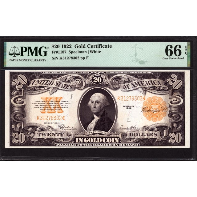 FR. 1187 $20 1922 Gold Certificate PMG 66 EPQ