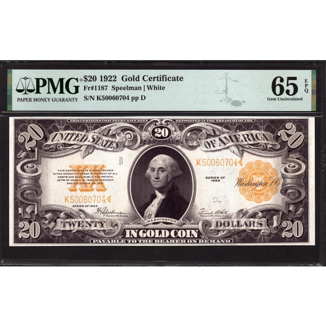 FR. 1187 $20 1922 Gold Certificate PMG 65 EPQ