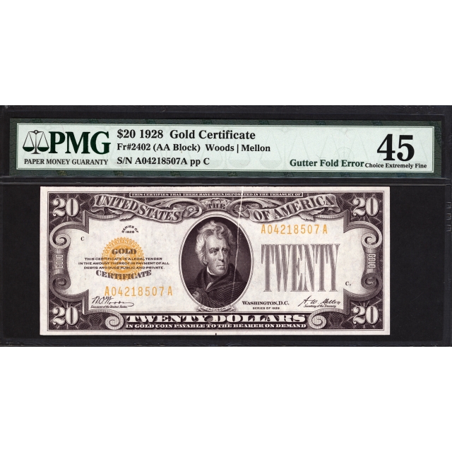FR. 2402 $20 1928 Error Gold Certificate PMG 45 