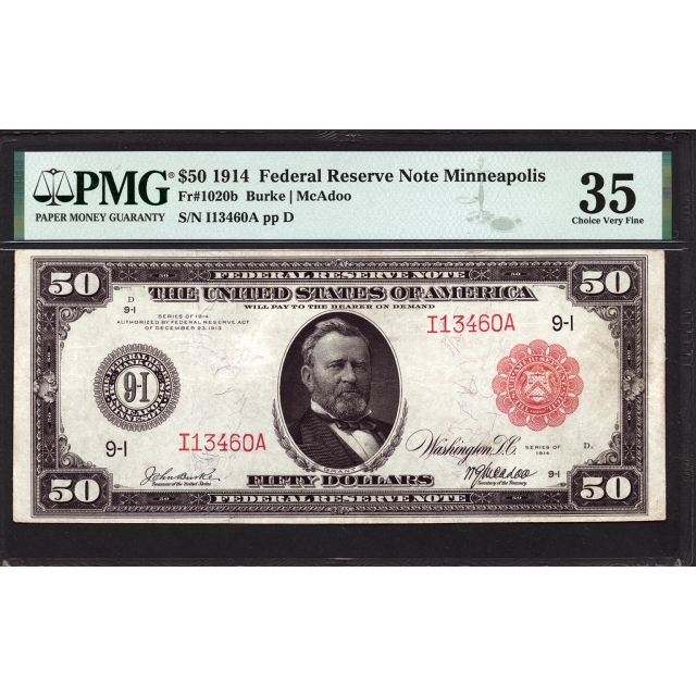 FR. 1020b $50 1902 Red Seal FRN Minneapolis PMG 35