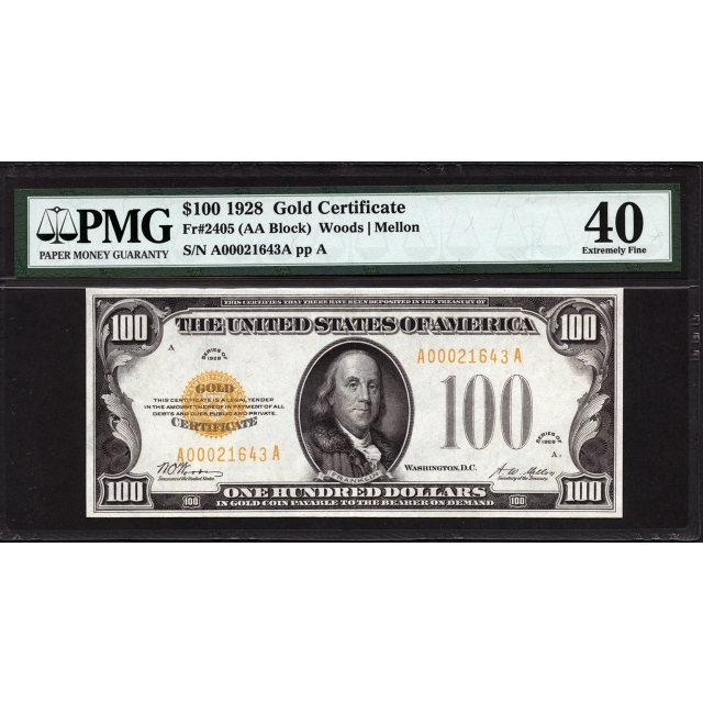 FR. 2405 $100 1928 Gold Certificate PMG 40