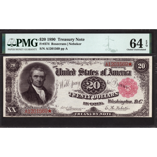 FR 374 $20 1890 Treasury Note PMG 64 EPQ
