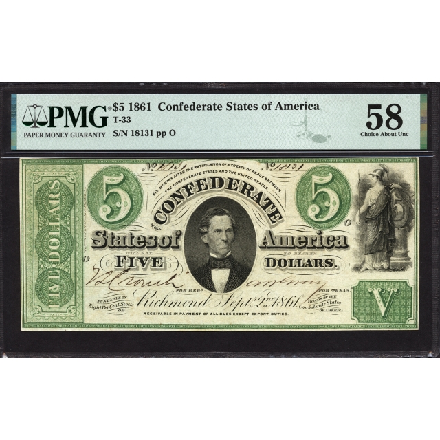 T-33 $5 1861 Confederate States of America PMG 58