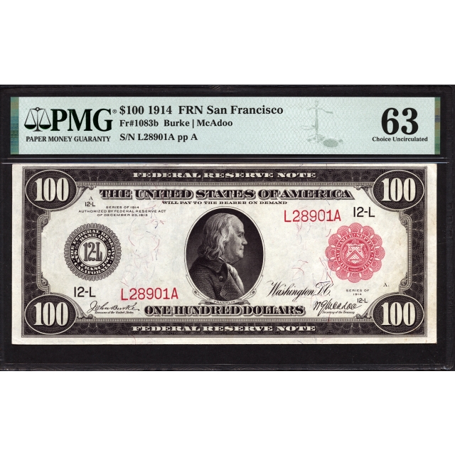FR. 1083b $100 1914 Red Seal FRN San Francisco PMG 63