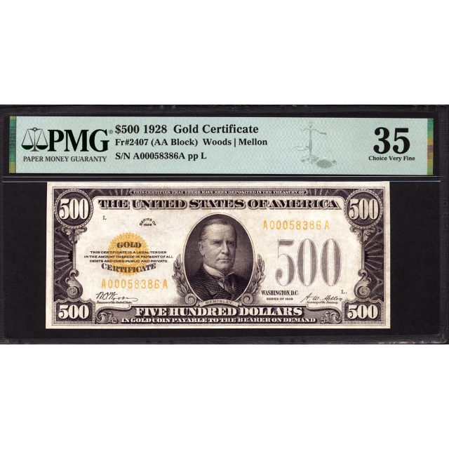 FR. 2407 $500 1928 Gold Certificate  PMG 35  