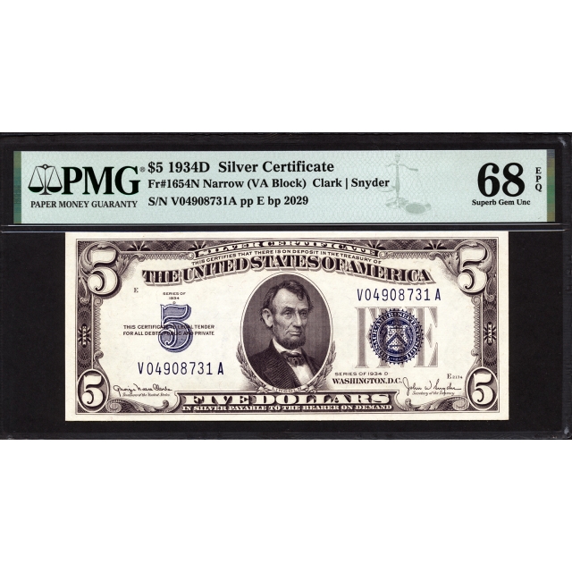 FR. 1654N $5 1934D Silver Certificate PMG 68 EPQ