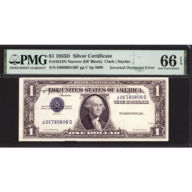 FR. 1613N $1 1935D Error Silver Certificate PMG 66 EPQ