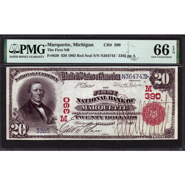 FR 639 $20 1902 Red Seal National Bank Note PMG 66 EPQ