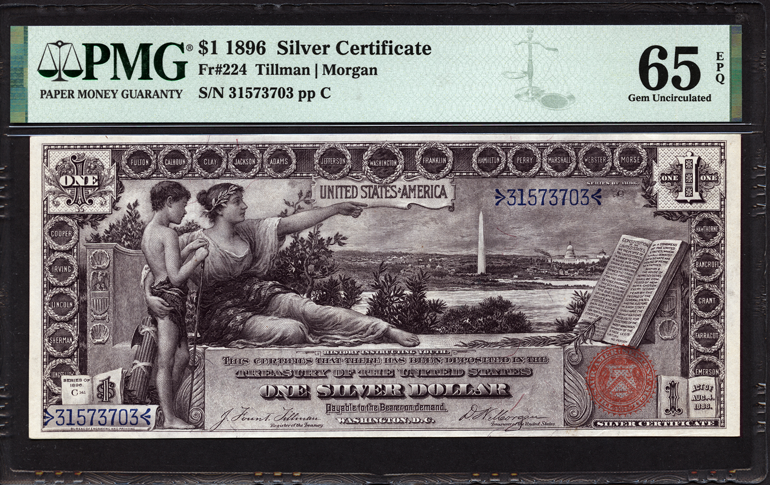 BEP 1971 ANA SOUVENIR CARD $1 1896 EDUCATIONAL NOTE NSC #4 FREE SHIPPING 